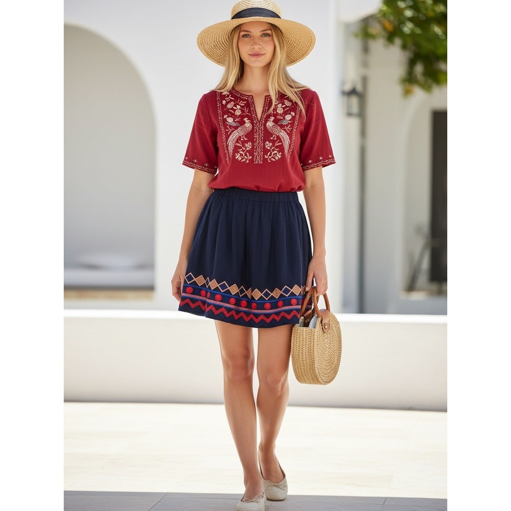 Pomelo  Women's Navy Embroidered Skirt A-Line Boho Geometric Pleated size S